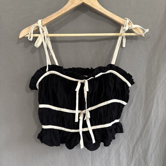 Thirty Thirty LA Crop Top Ruffle‎ Bow Ties Black Cream Coquette Y2K Women's M - Picture 2 of 12